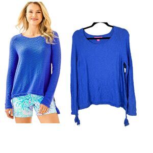 Lilly Pulitzer Jody Sweater Iris Blue Knit Cotton Tassel Women's Size Large